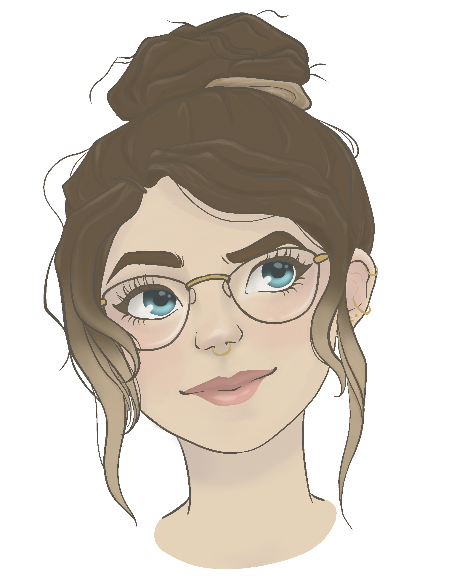 A digital drawing of a person wearing glasses, with their hair in a messy bun